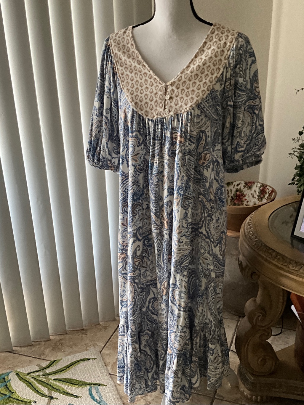 Lucky Brand Blue Paisley Maxi Dress With Cream Embroidered Yoke